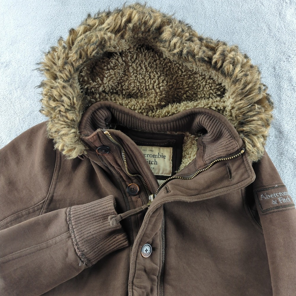 Vintage Y2K Abercrombie & Fitch Hoodie Jacket Large Brown Sherpa Lined Faux Fur